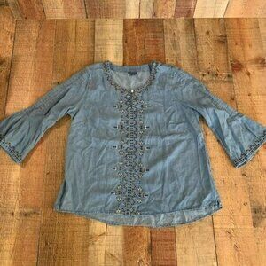 J. Jill womens denim 3/4 bell sleeve top with embroidered -SP